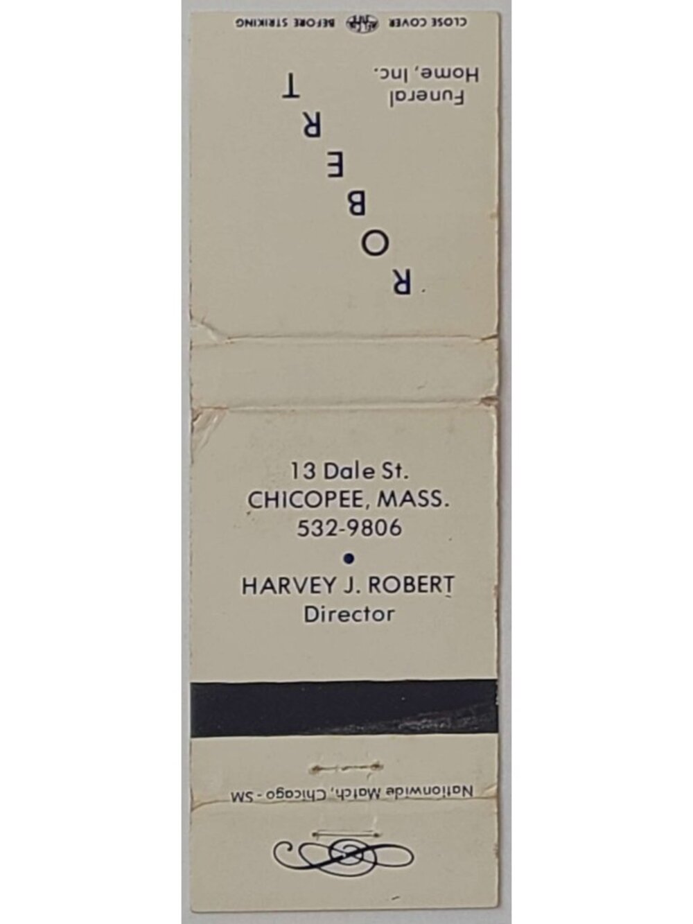 Matchbook Cover Robert Funeral Home Chicopee MA Harvey J Robert Massachusetts